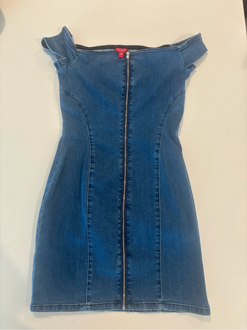 Guess Blue Denim Off-Shoulder Zip-Front Dress